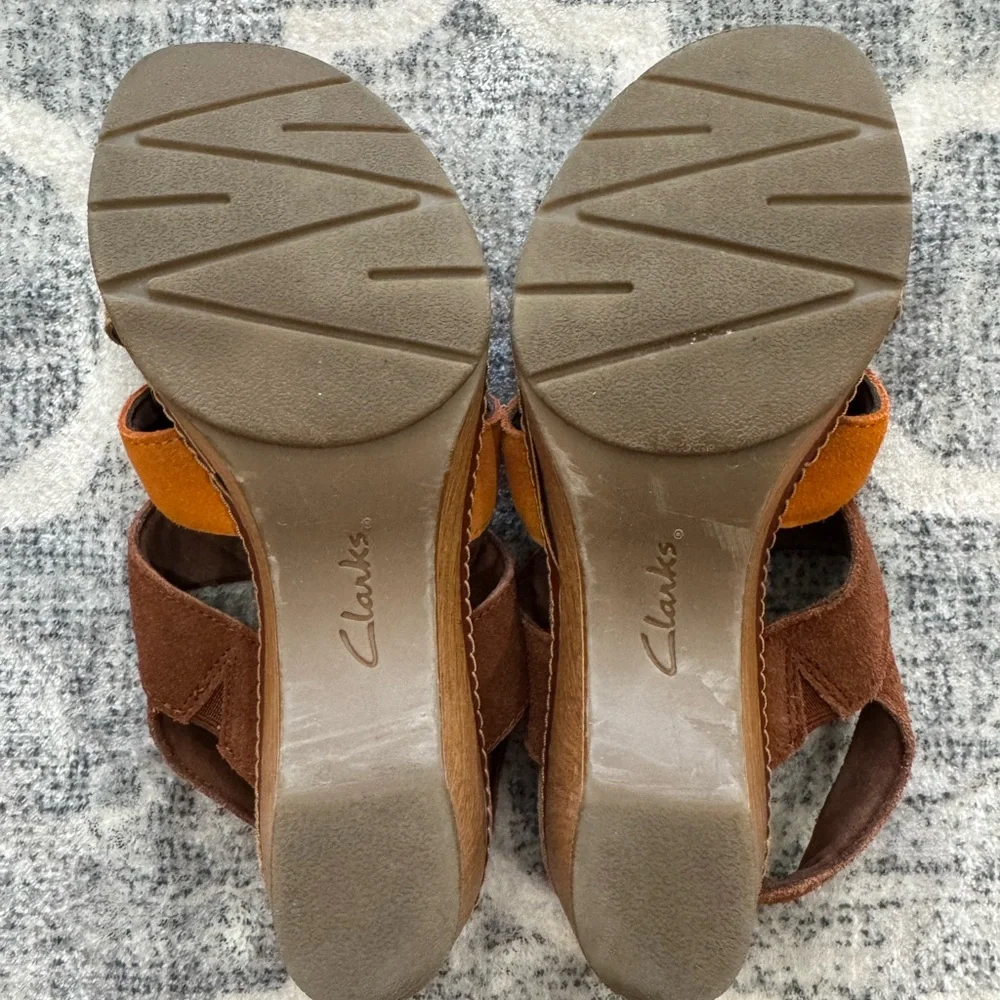 Clarks Brown and Orange Suede Wedge Sandals